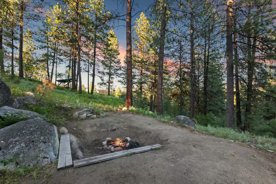 Fire pit area at sunset among the Ponderosa pines